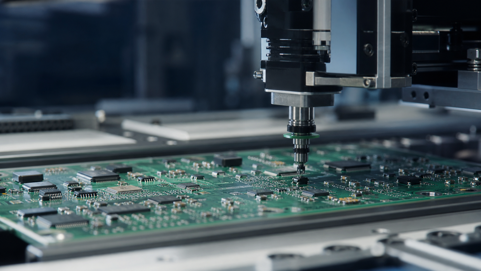 Automatisierter Bestückkopf bei der Platzierung eines SMD-Bauteils auf einer Leiterplatte
